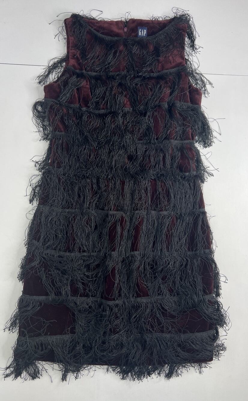 Gap Velvet Fringe Dress Burgundy Black Fringe Tassel Flapper Party Cocktail Sz 6